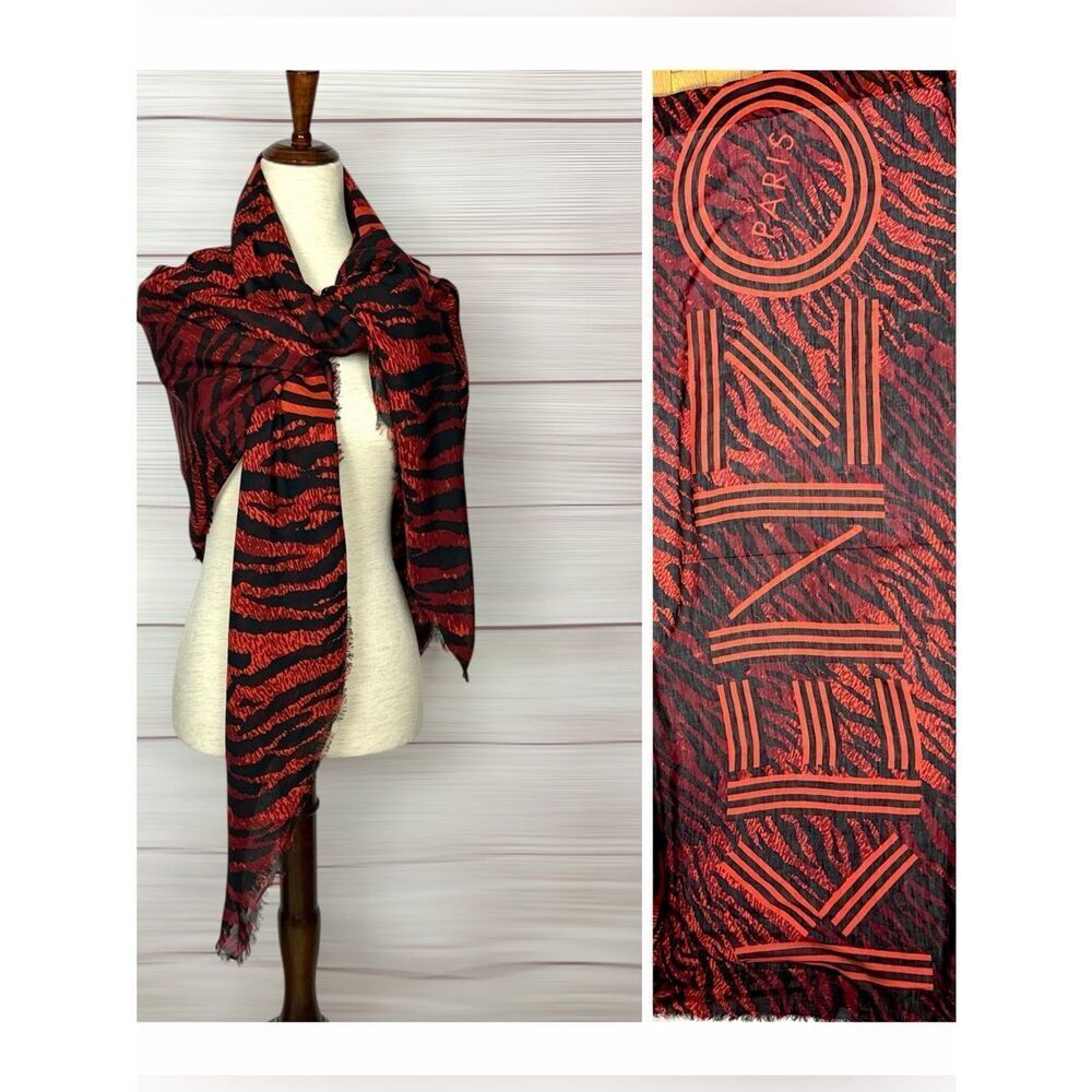 Kenzo x H&M Collection Large Red Tiger Scarf Square Shawl Linen Blend 56x56"